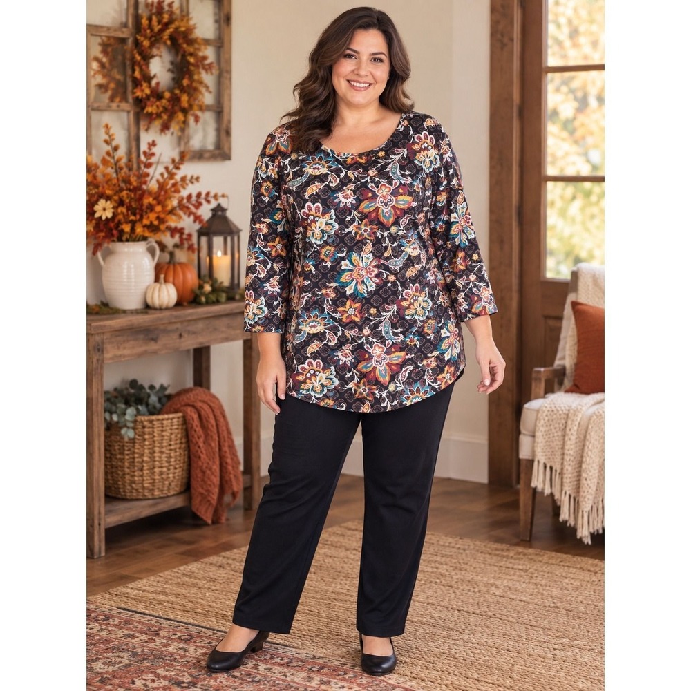 80. Catherines Suprema Collection 3X Paisley Floral 3/4 Sleeve Scoop Neck